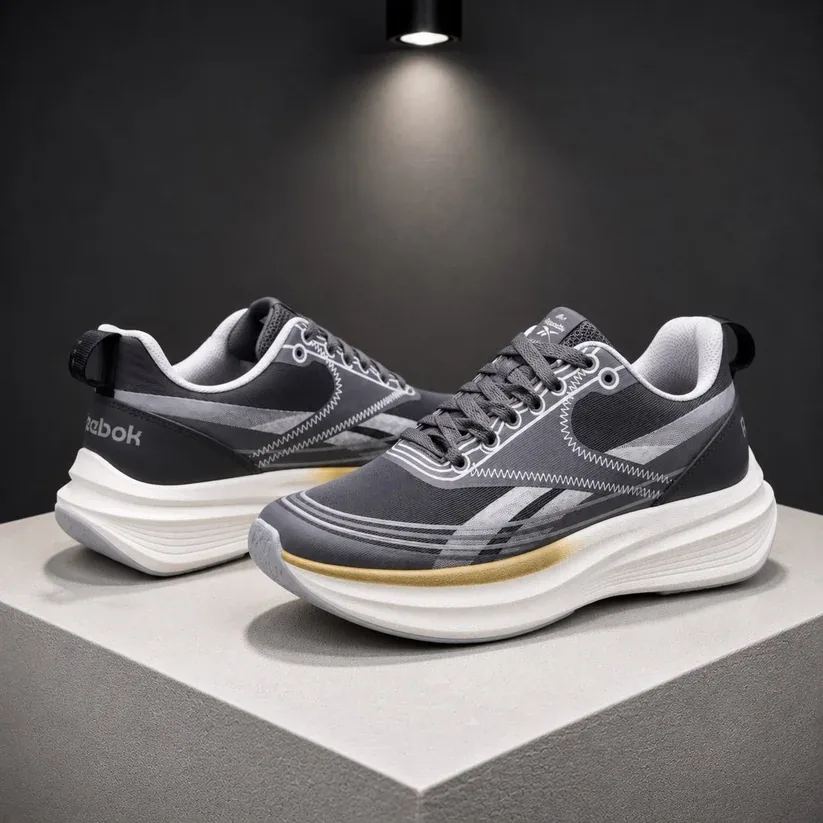 Reebok Light Float Running Shoes in White and Grey, men's casual shoes — angled front view