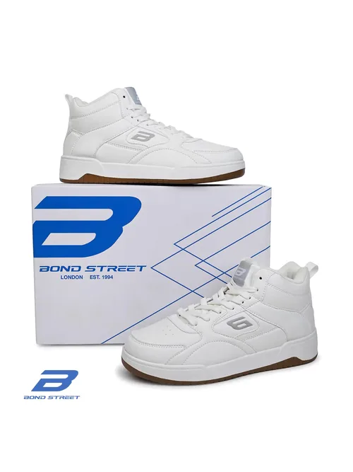 Bond Street Men White Casual Sneakers, men's high top sneakers — angled front view