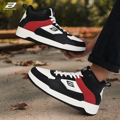 Bond Street Men's Casual Sneakers in Black/Red, men's high top sneakers — angled front view
