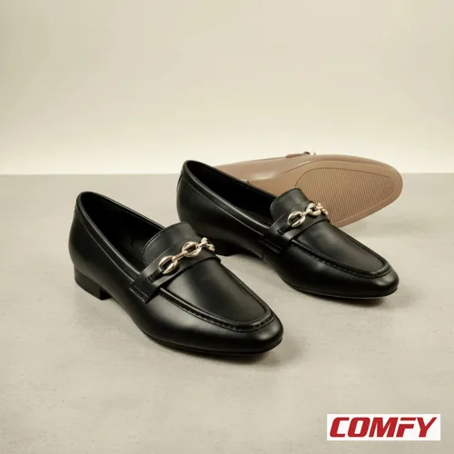 Brown Chain Loafer for Women in Black, comfy exclusives — both shoes together
