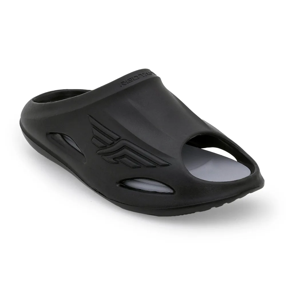 Red Tape Men Casual Pool Sliders for Everyday Comfort in Black, men's sliders — angled front view