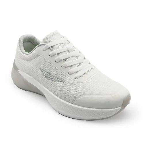 Men’s white lightweight lace-up sneakers with breathable mesh upper and cushioned sole, casual shoes — angled front view